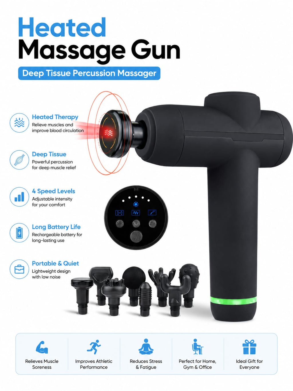 Deep Tissue Massage Gun for Muscle Recovery & Pain Relief Percussion Massager With 3 Kind of Speed Levels Handheld Electronic Massager for Athletes