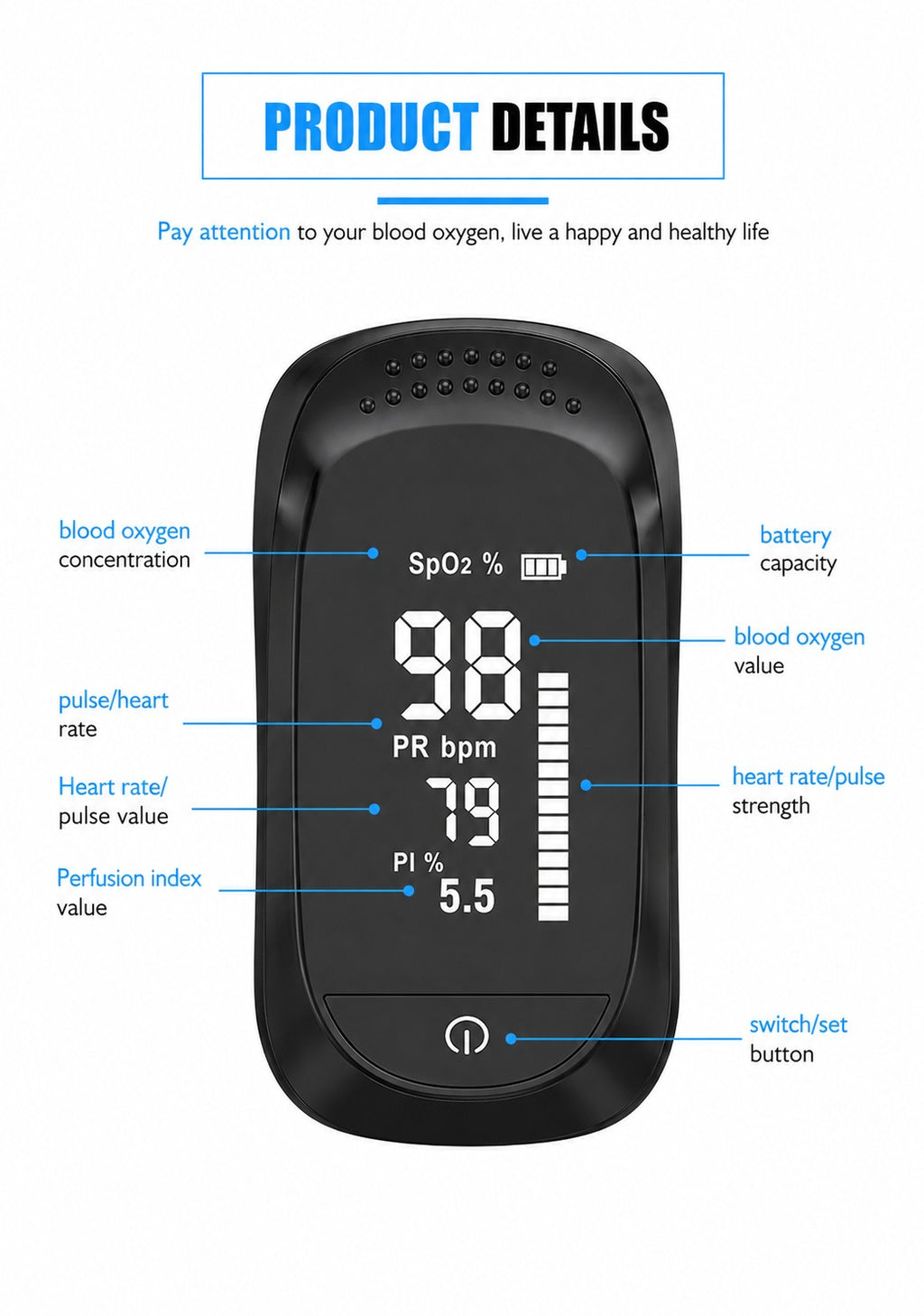Dito Pulsossimetro SpO2 Pulse Oximeter Pulse Blood Oxygen Meter