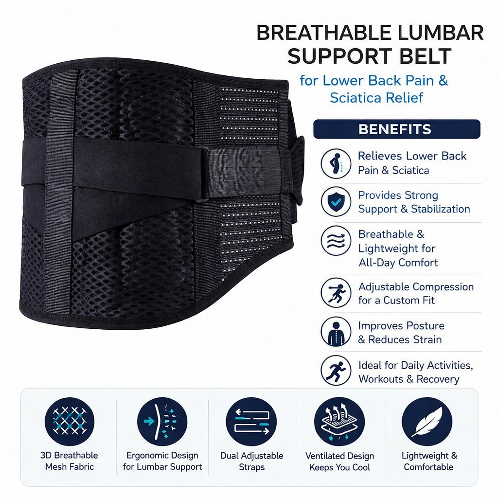 Breathable Lumbar Support Belt for Lower Back Pain & Sciatica Relief